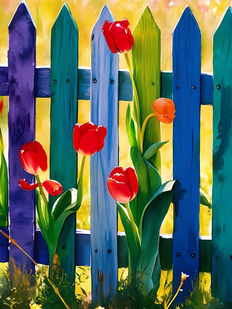Tulips On A Fence