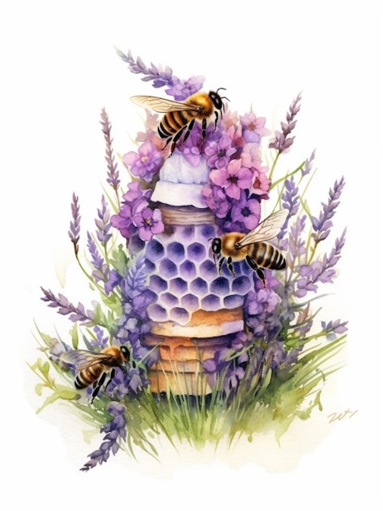 Beehive With Heather Flower Watercolour Illustration 2