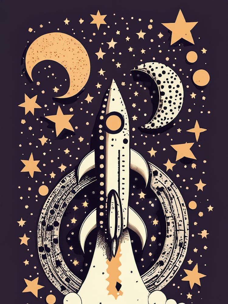 Vintage Space Art with Stars and Moons
