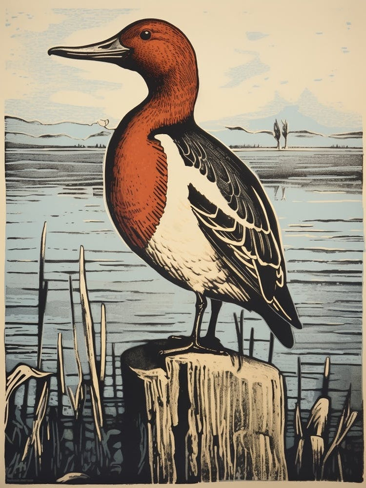 Vintage Bird Linocut Canvasback 4