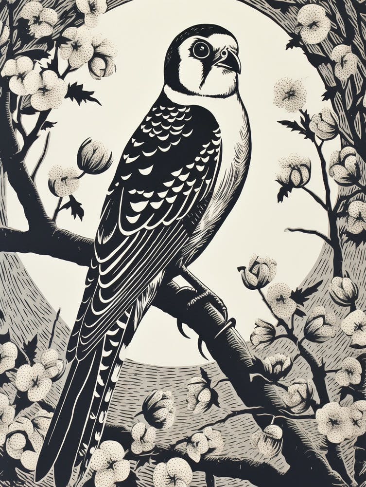B&W Bird Linocut American Kestrel 1