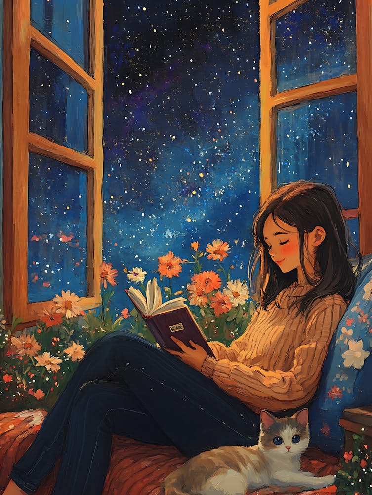 Girl Reading Book with Her Cat 5