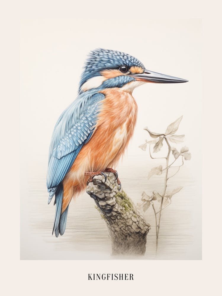 Vintage Bird Drawing Kingfisher 2 Poster