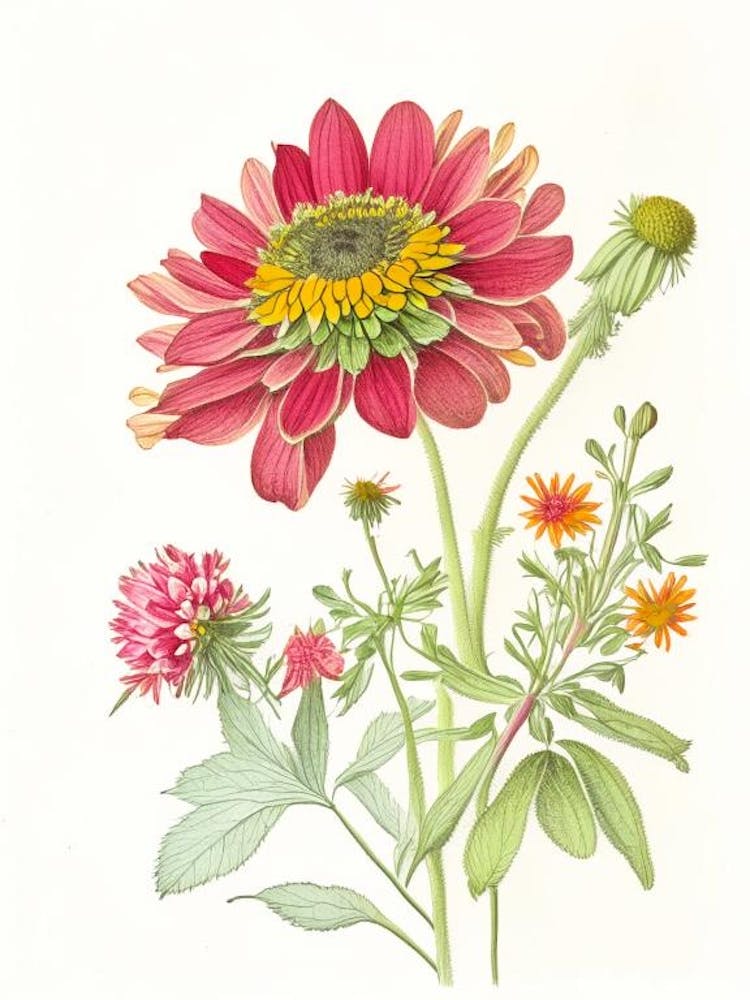 Zinnia Floral Quentin Blake Inspired Illustration 1 Flower