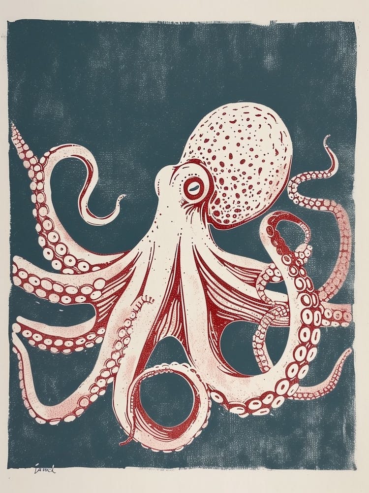 Red Octopus In The Ocean Linocut Inspired  5