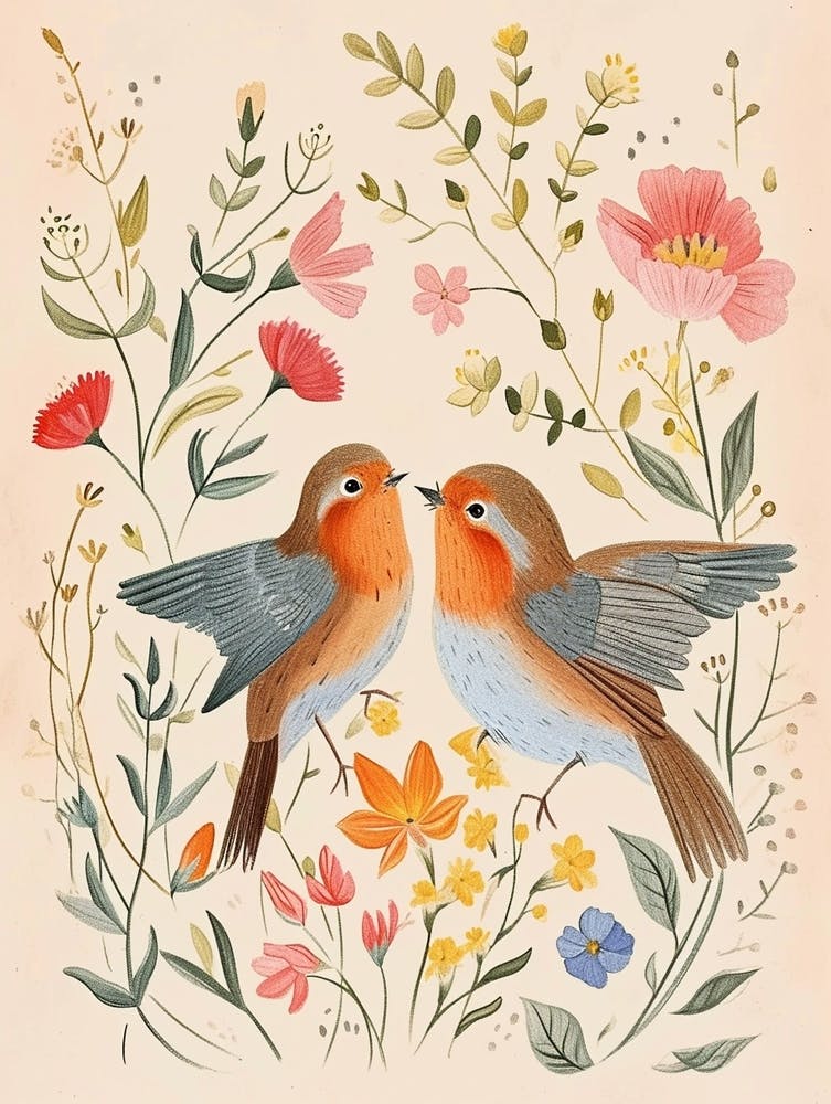 Folksy Floral Animal Drawing Bird