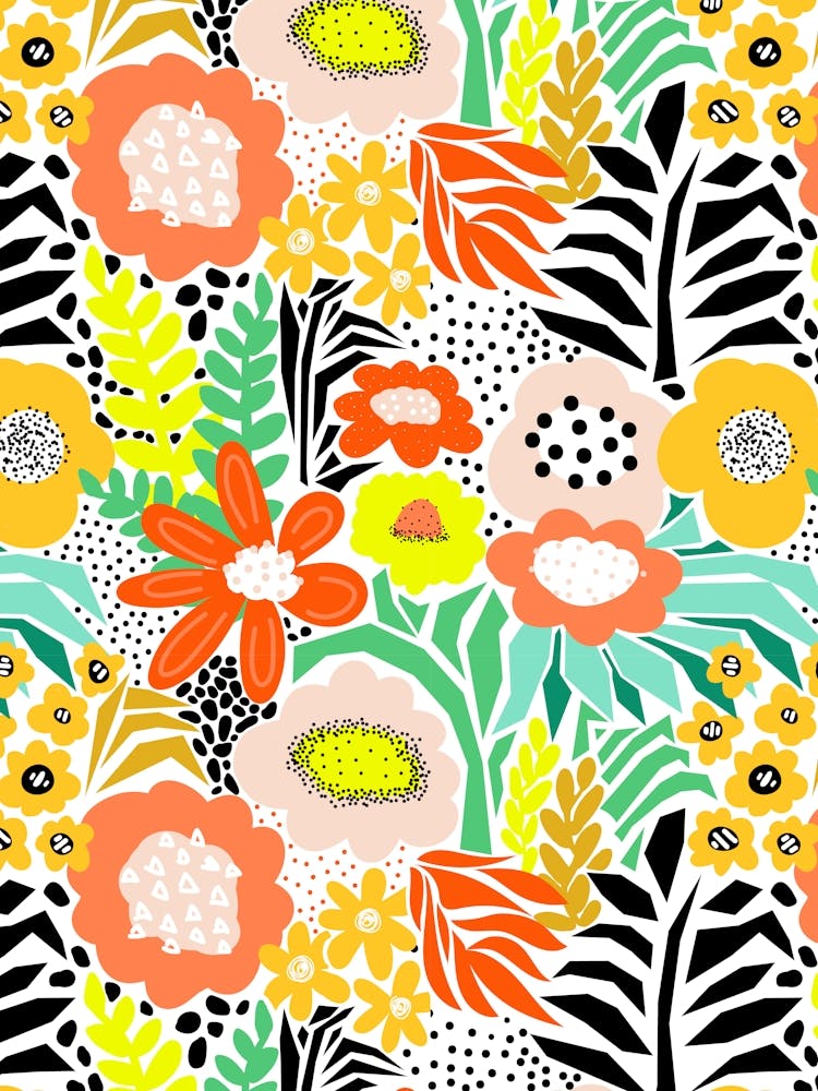 Into The Garden - Paper Cut And Doodle Floral Collage Green Orange Yellow Peach