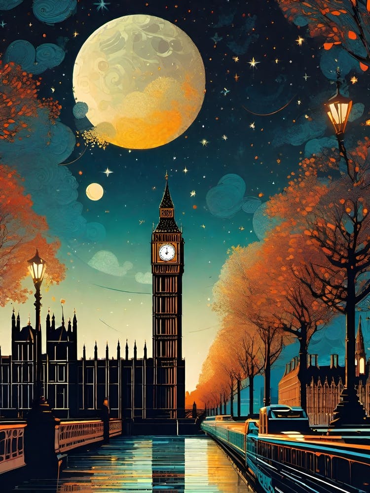 Moon Over Big Ben ~ London England Travel Adventure Visionary Wall Decor Futuristic Sci-Fi Trippy Surrealism Modern Digital Psychedelic Cubic Fantasy Art Full Moons Stars Mandala Spiritual Fractals Space Anglophobe Vibrant