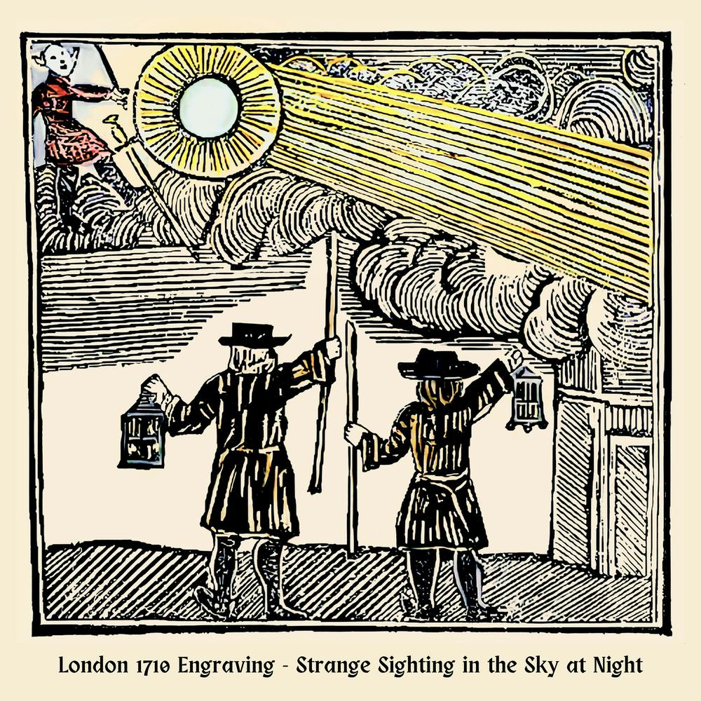 1710 London - Engraving of a Strange Sighting in the Sky - Medieval UFO Alien Spaceship Flying Saucer Contact Phenomenon Men Encounter a Strange Being, Lights and Object Beaming - Rare Remastered High Definition Ancient Woodcut With Added Text