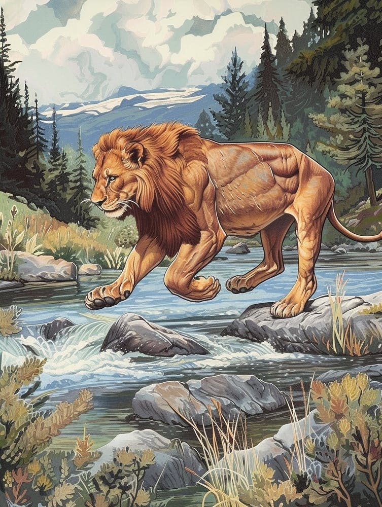 Barbary Lion Relief Illustration Crossing A River 2
