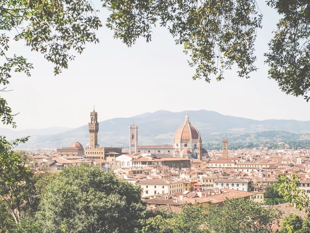 Florence, Italy I Panoramic view skyline of Florence Tuscany photography from Villa Bardini, Piazza Michelangelo with the Duomo Santa Maria cathedral and its summer pastel aesthetic to experience la dolce vita
