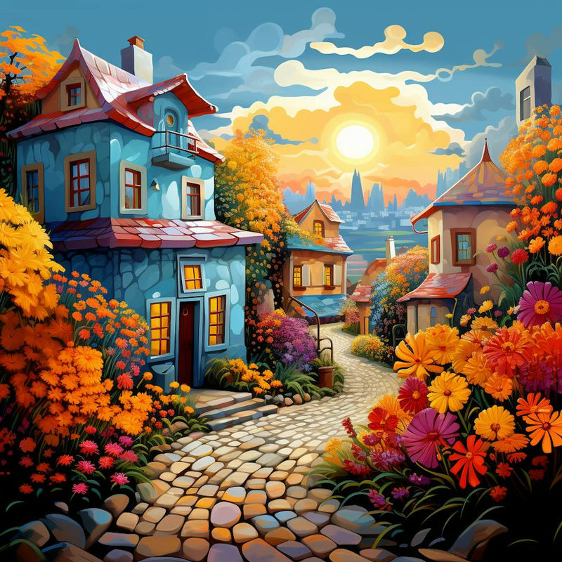 Of A Village At Sunset