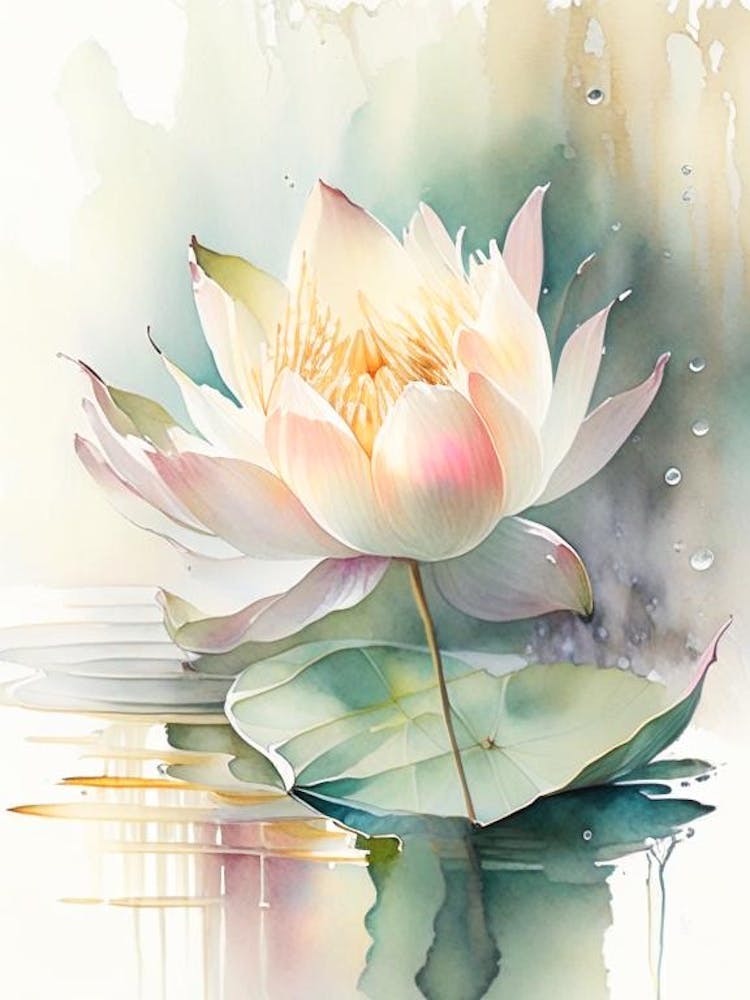 Blooming Lotus Flower In Lake Storybook Watercolour 1