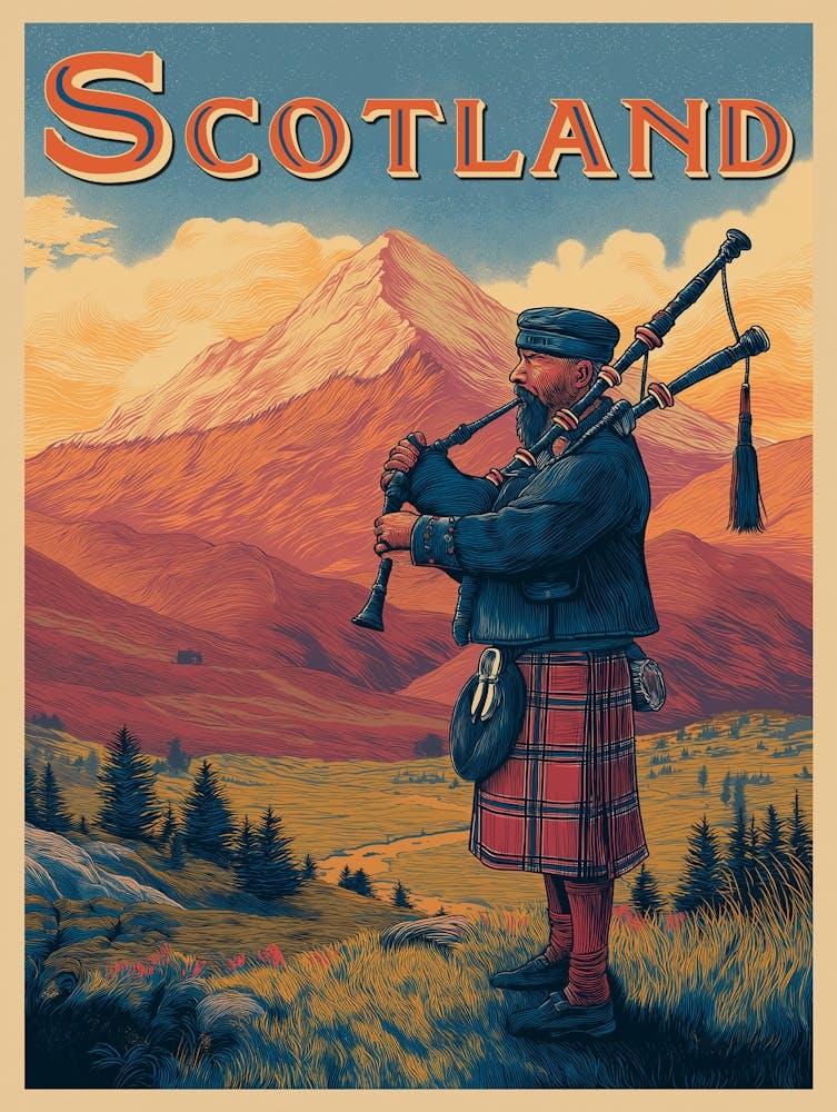 🏴󠁧󠁢󠁳󠁣󠁴󠁿 Scotland Poster – Bagpiper Magic & Highland Vibes 🎶