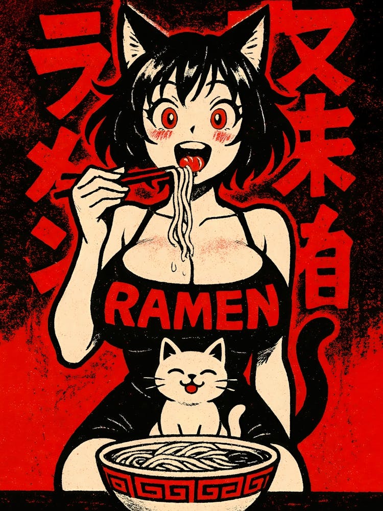 Japanese Sexy Ramen Cat Girl Poster: A cute neko girl slurping noodles in a kawaii kitchen. This red-toned manga art blends ramen, boobs, cat ears, and hentai charm – perfect for fans of food, sexy anime girls, kittens, and playful Japanese vibes.