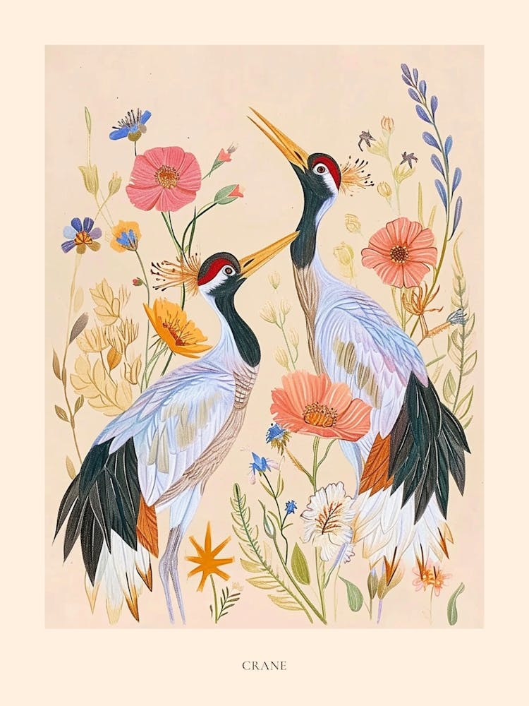 Folksy Floral Animal Drawing Crane Poster