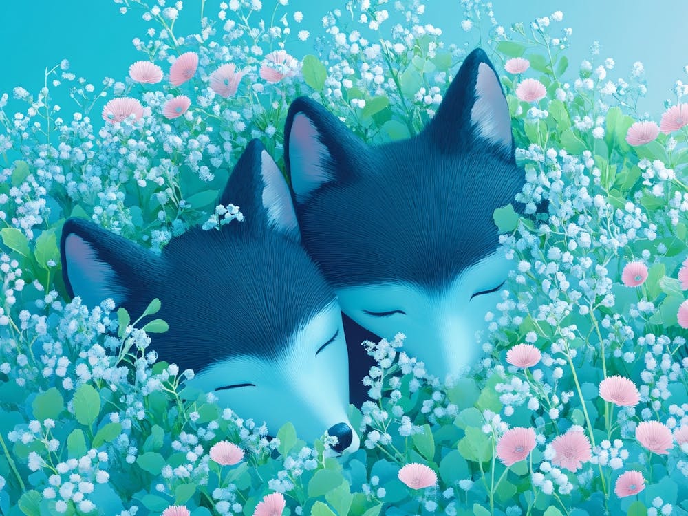 Zwei Wölfe in Blumen