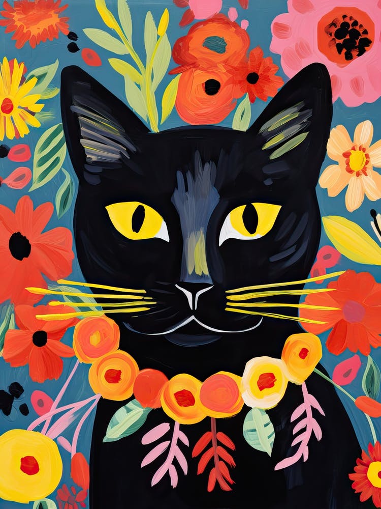 Black Cat With A Flower Crown Painting Matisse Style 1