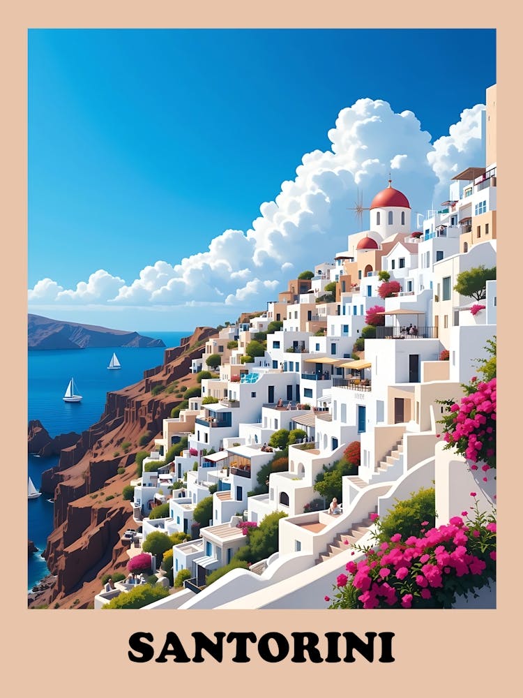 Santorini Vintage Travel Poster