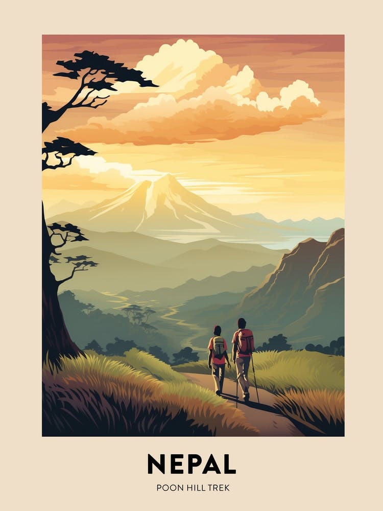 Poon Hill Trek Nepal 5 Vintage Hiking Travel Poster
