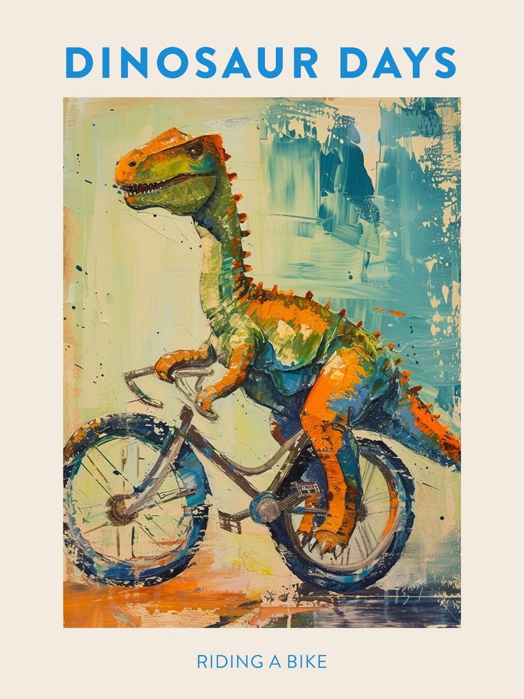 Dinosaur Riding A Bike Blue Orange Brushstroke Poster 1