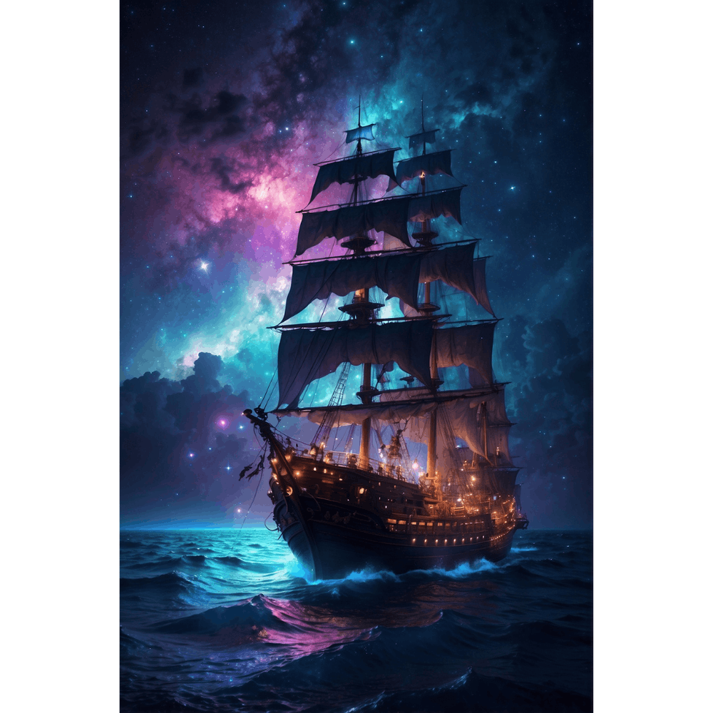 Ship In The Sky Pirate ship sailing into a bioluminescence sea with a galaxy in the sky