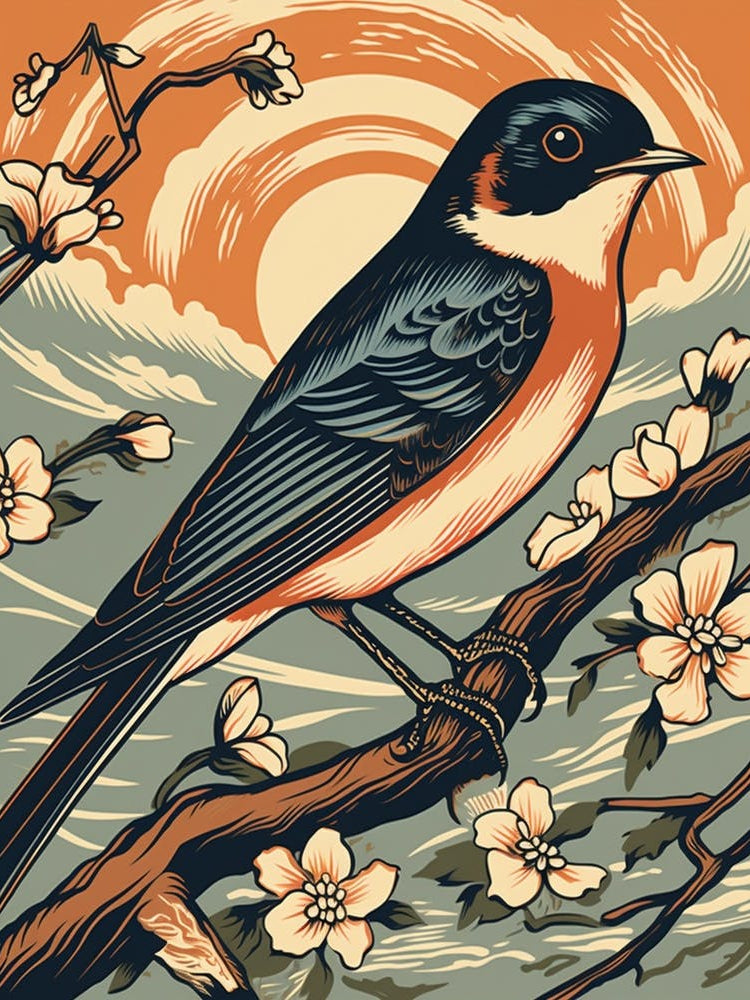 Vintage Bird Linocut Barn Swallow 3