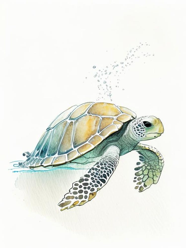 Sea Turtle In Deep Ocean, Sea Turtle Pencil Illustration 1