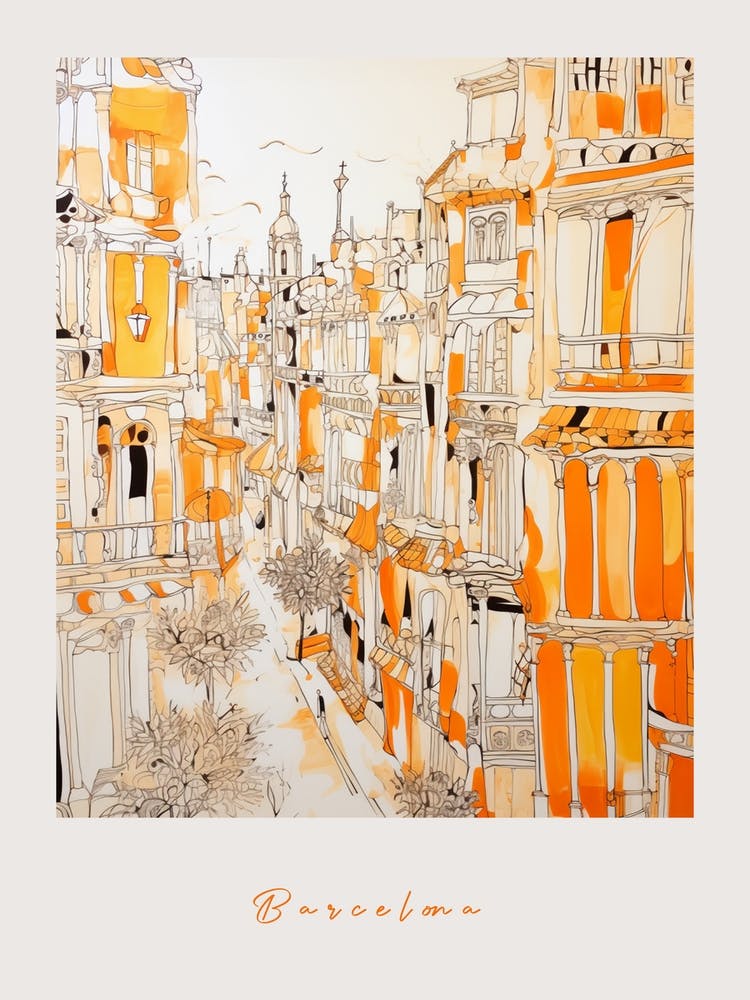 Barcelona Spain 2 Orange Drawing Poster
