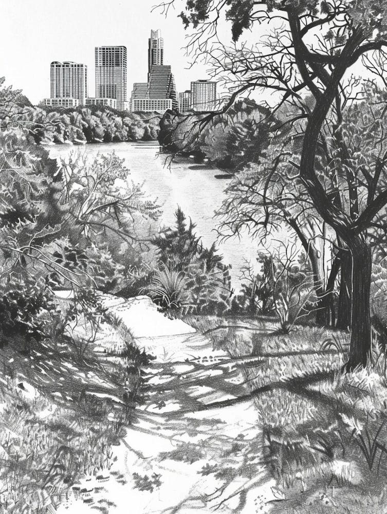 Zilker Metropolitan Park Austin Texas Black And White Drawing 2