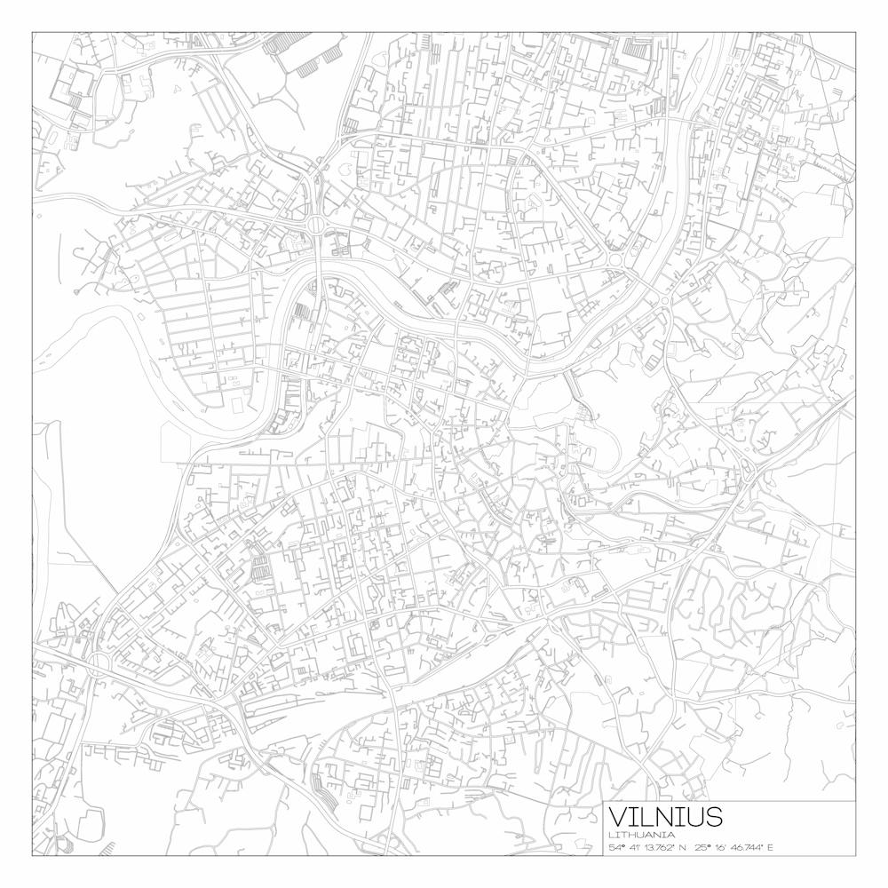 Vilnius, Lithuania, City Map Black On White Blueprint Design