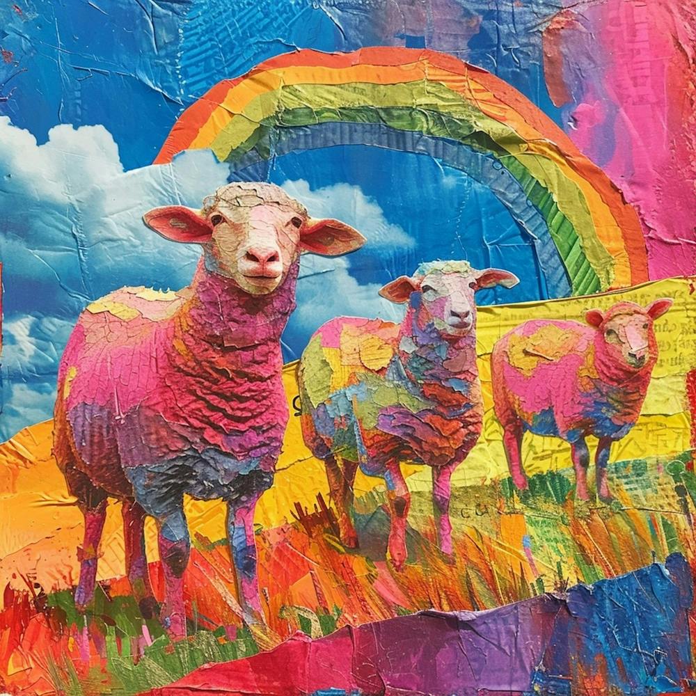 Rainbow Sheep Textured Collage