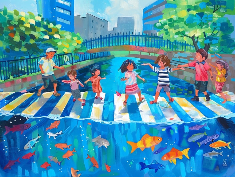 In The Style Of Japanese Anime, Imagine An Urban Scene Where Children Play On Zebra Crossing Floating On Blue Water