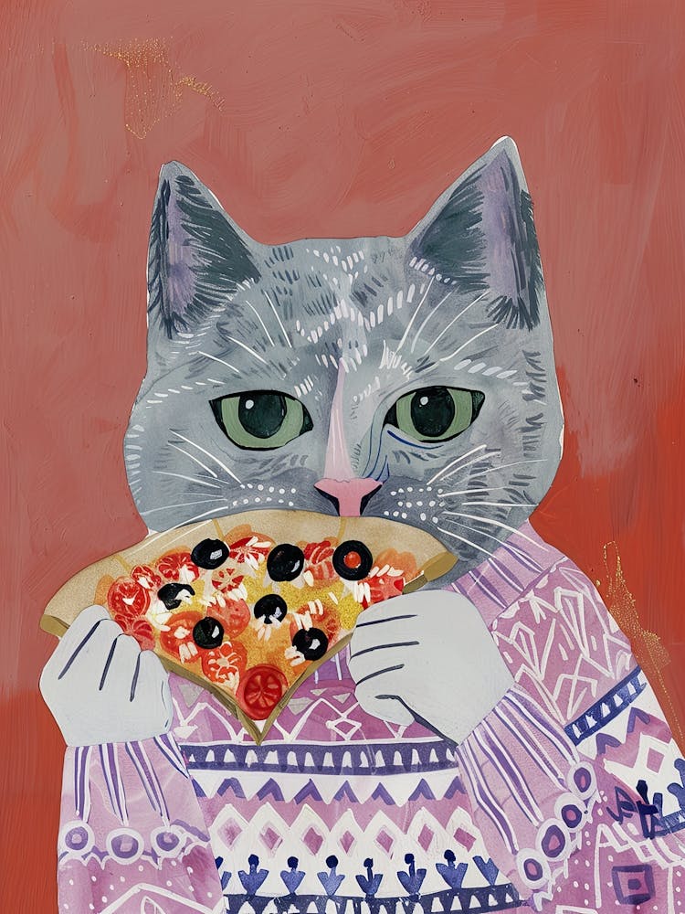 Cute Grey Cat Eating A Pizza Slice Folk Illustration 3