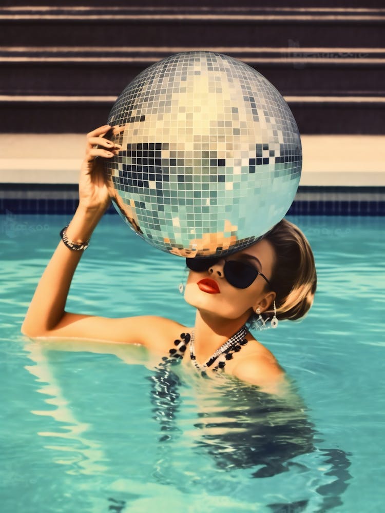 Femme avec Boule Disco dans la Piscine, Esthétique Preppy, Été