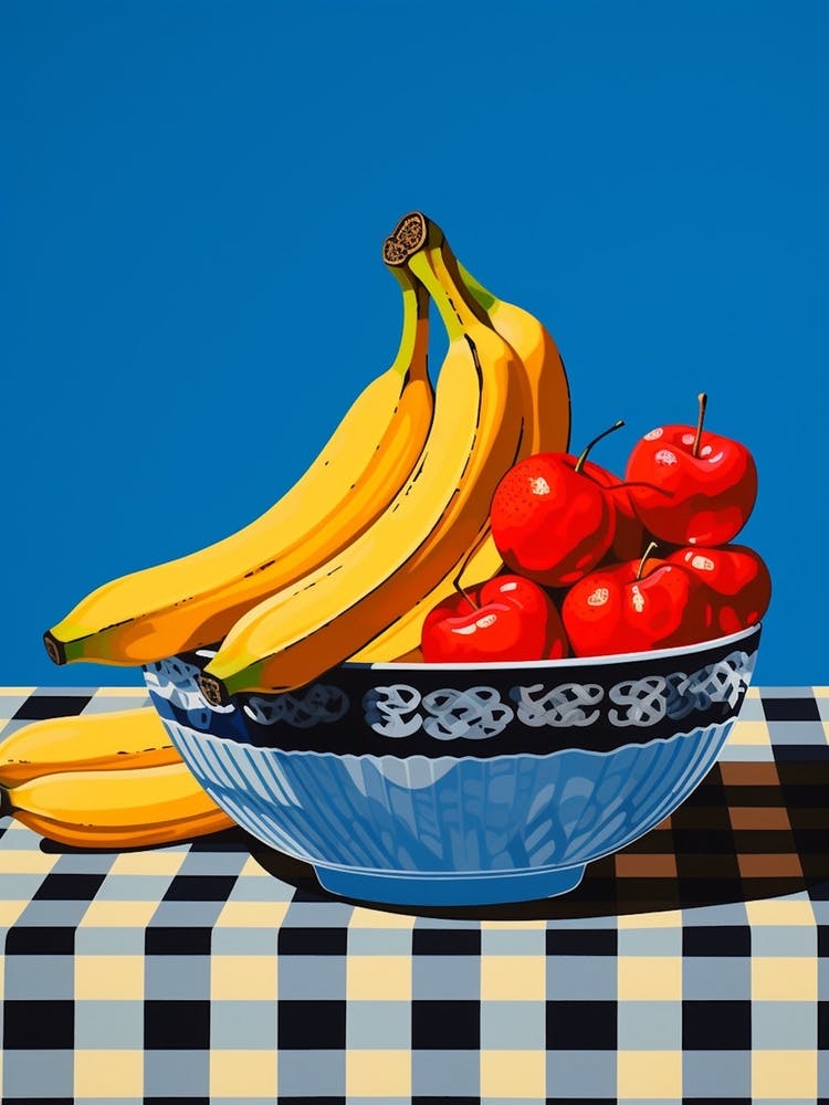 Bananas In A Bowl Blue Checkerboard 1