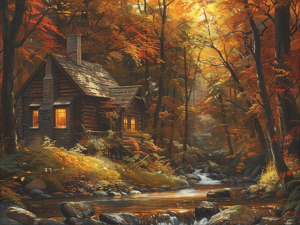 Autumn Cabin Painting, Wall Art Decor, Fall Art, Landscape Art, Cabin Decor, Canvas Print, Forest Painting, Nature Gift