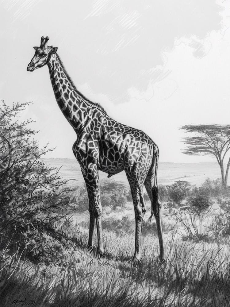 Giraffe In The Grass Pencil Drawing 4