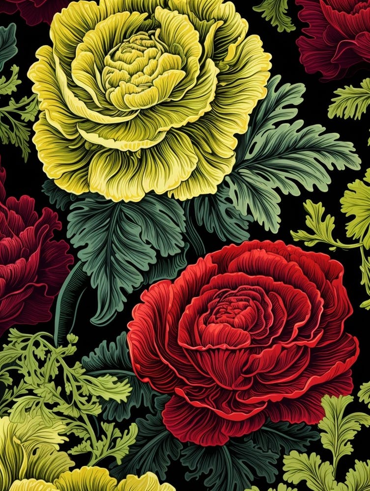Ornamental Kale And Cabbage 2 William Morris Style Winter Florals