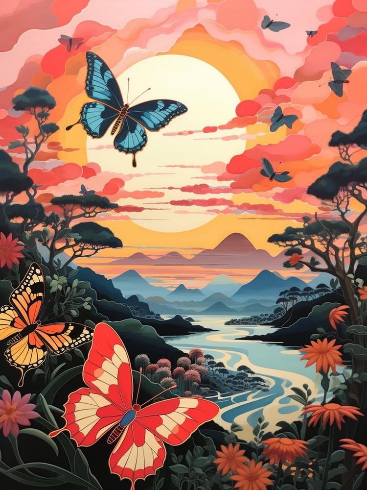 Tropical Butterflies In The Sunset