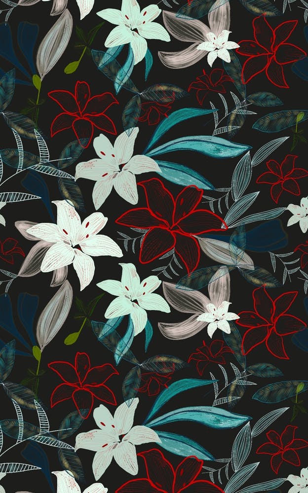 Jungle Warrior Exotic Lily Hand Painted Artistic Pattern Black