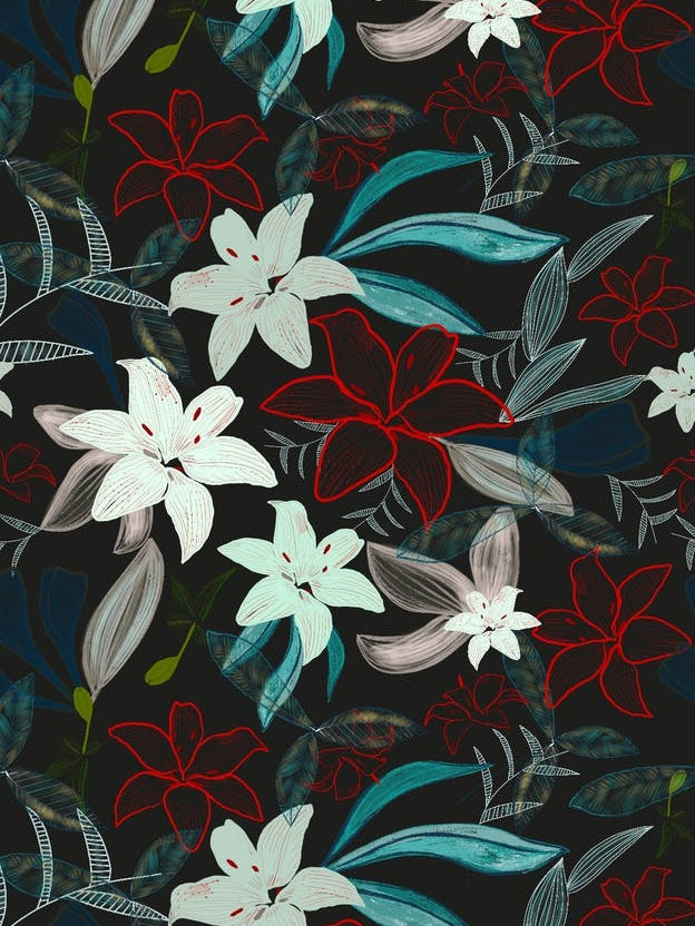 Jungle Warrior Exotic Lily Hand Painted Artistic Pattern Black