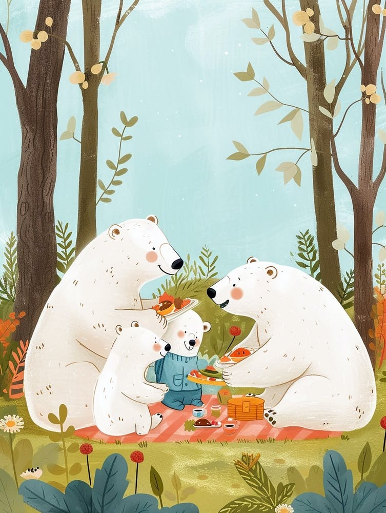 Polar Bear Family Picnicking In The Woods Storybook Illustration 1