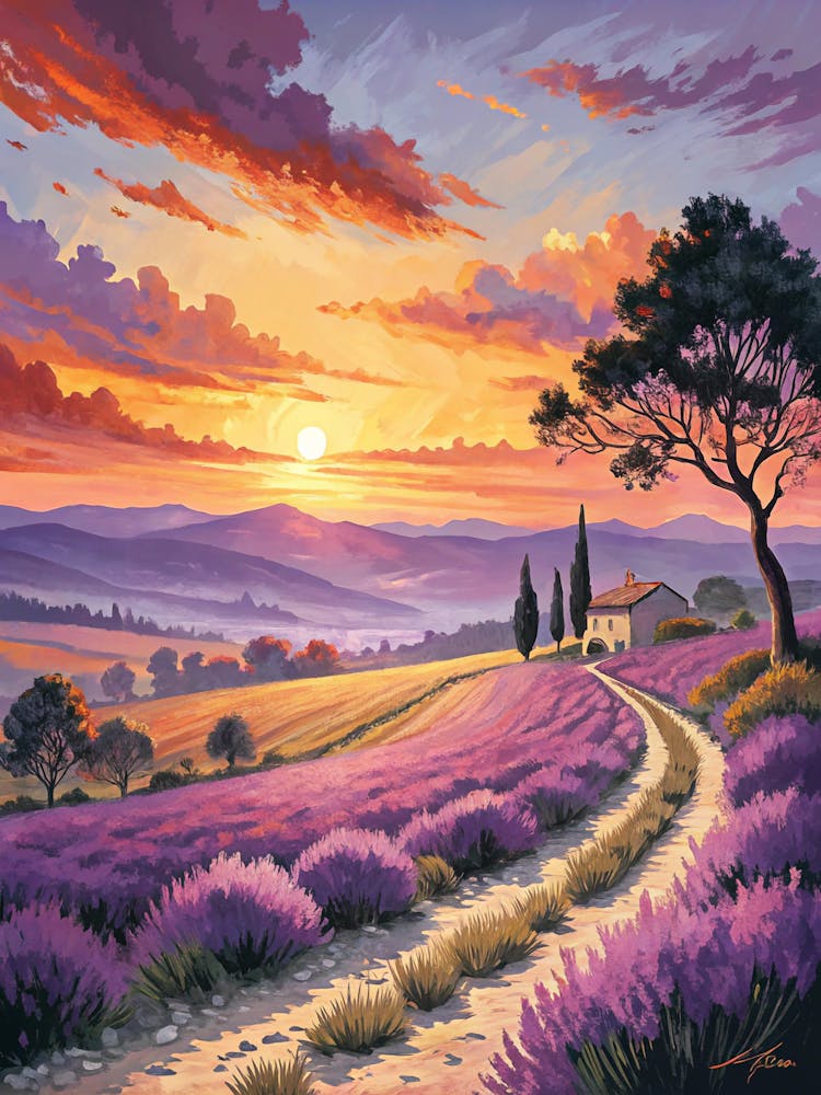Sonnenuntergang über Lavendelfeldern im Ölgemälde-Stil