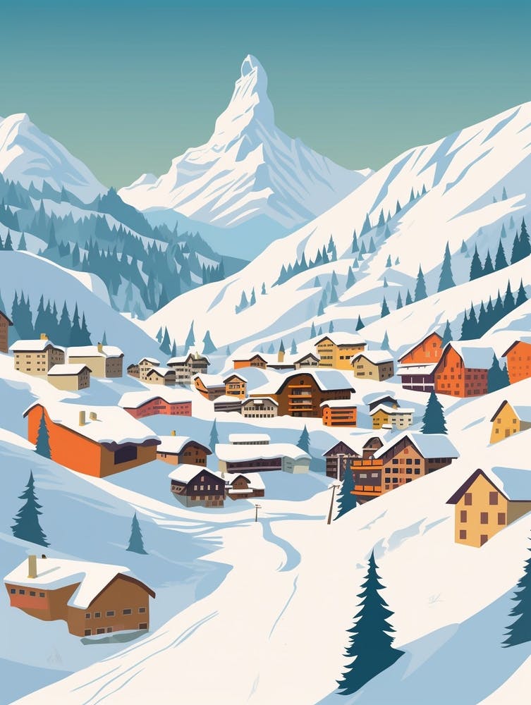 Retro Winter Illustration Zermatt Switzerland