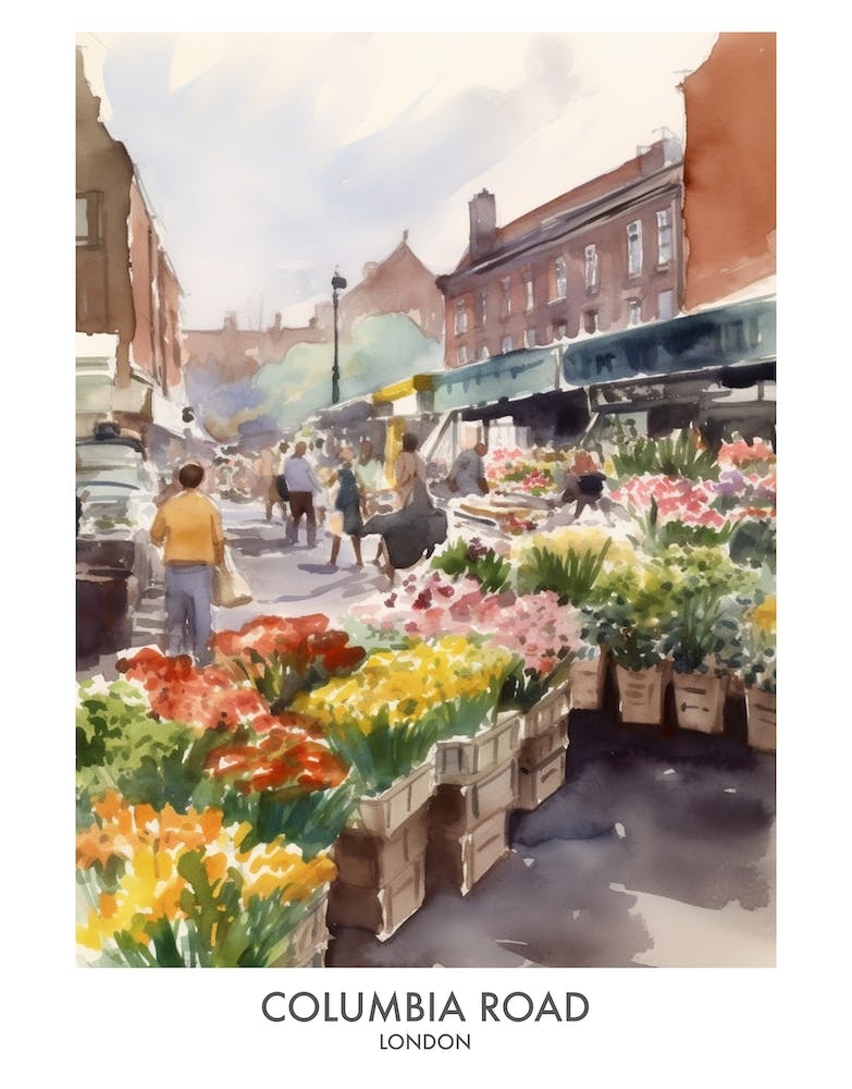 Columbia Road London Watercolour Travel Poster
