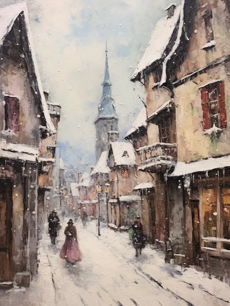 Vintage Winter Painting Bavaria Germany 1