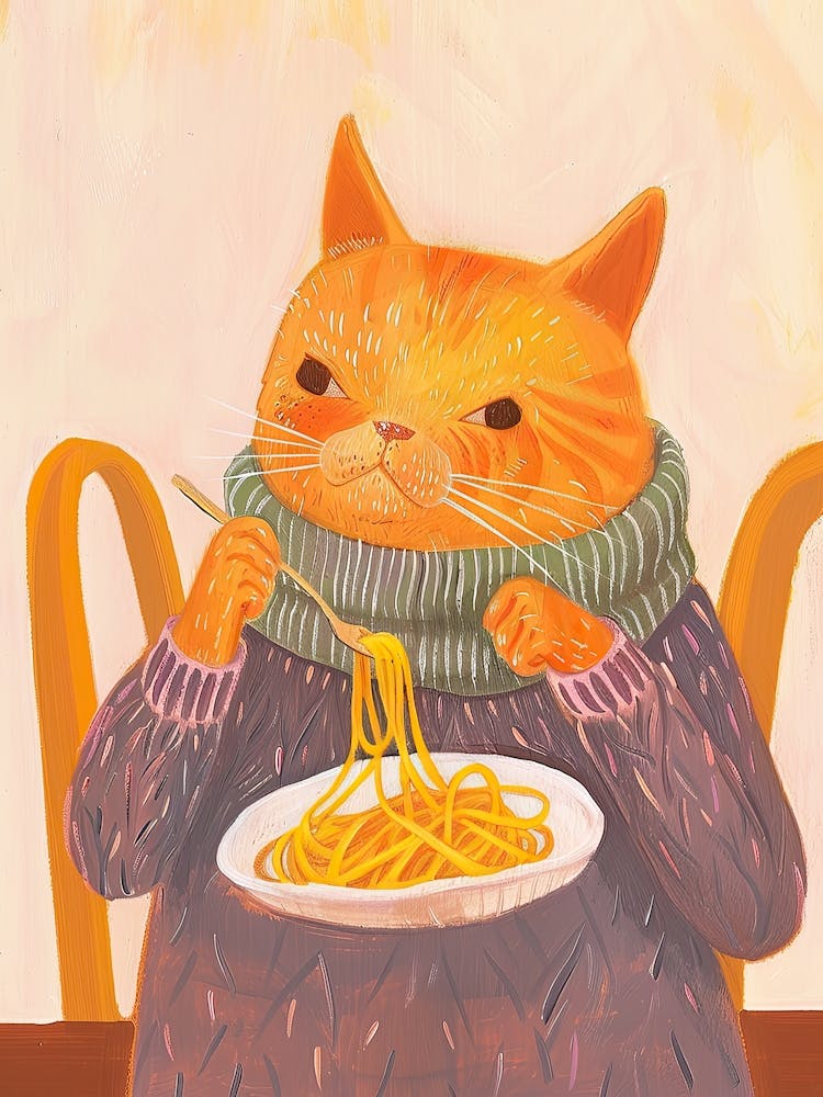 Orange Cat Pasta Lover Folk Illustration 2