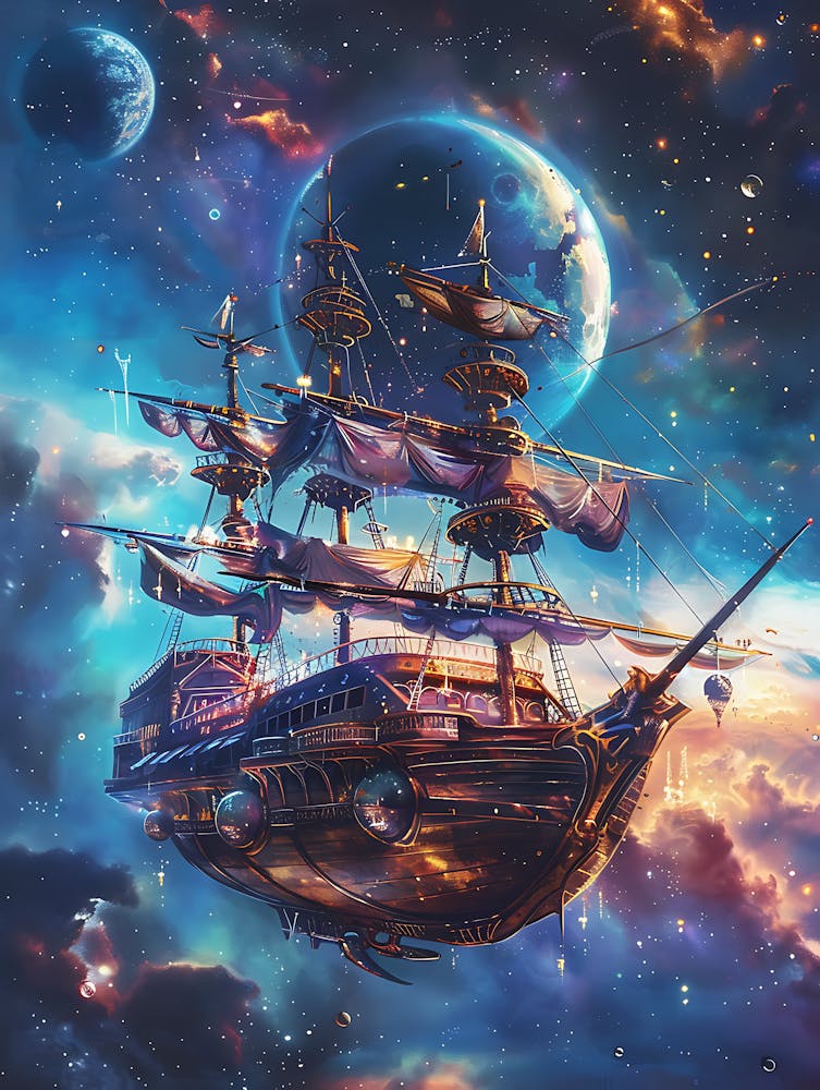 Fantasy Ship Floating in the Galaxy