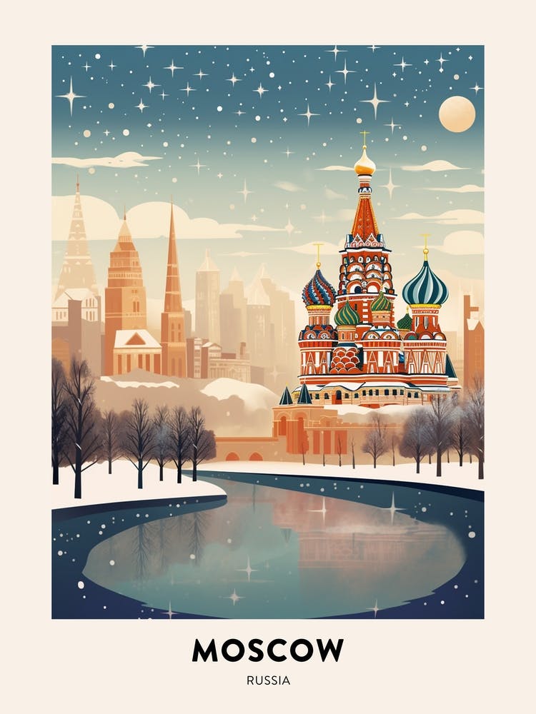 Winter Night  Travel Poster Moscow Russia 1
